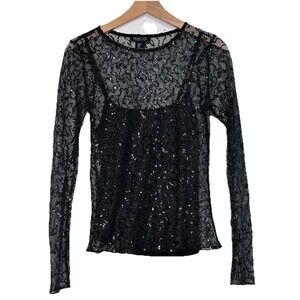 Rachel‎ Zoe Women's S Black Metallic Mesh Top Retro Vibes Y2K  Sequins Clubbing